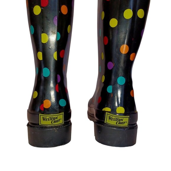 Western Chief Black Polka Dot Waterproof Tall Lug Rubber Rain Boot Womens Size 6 - Picture 4 of 9